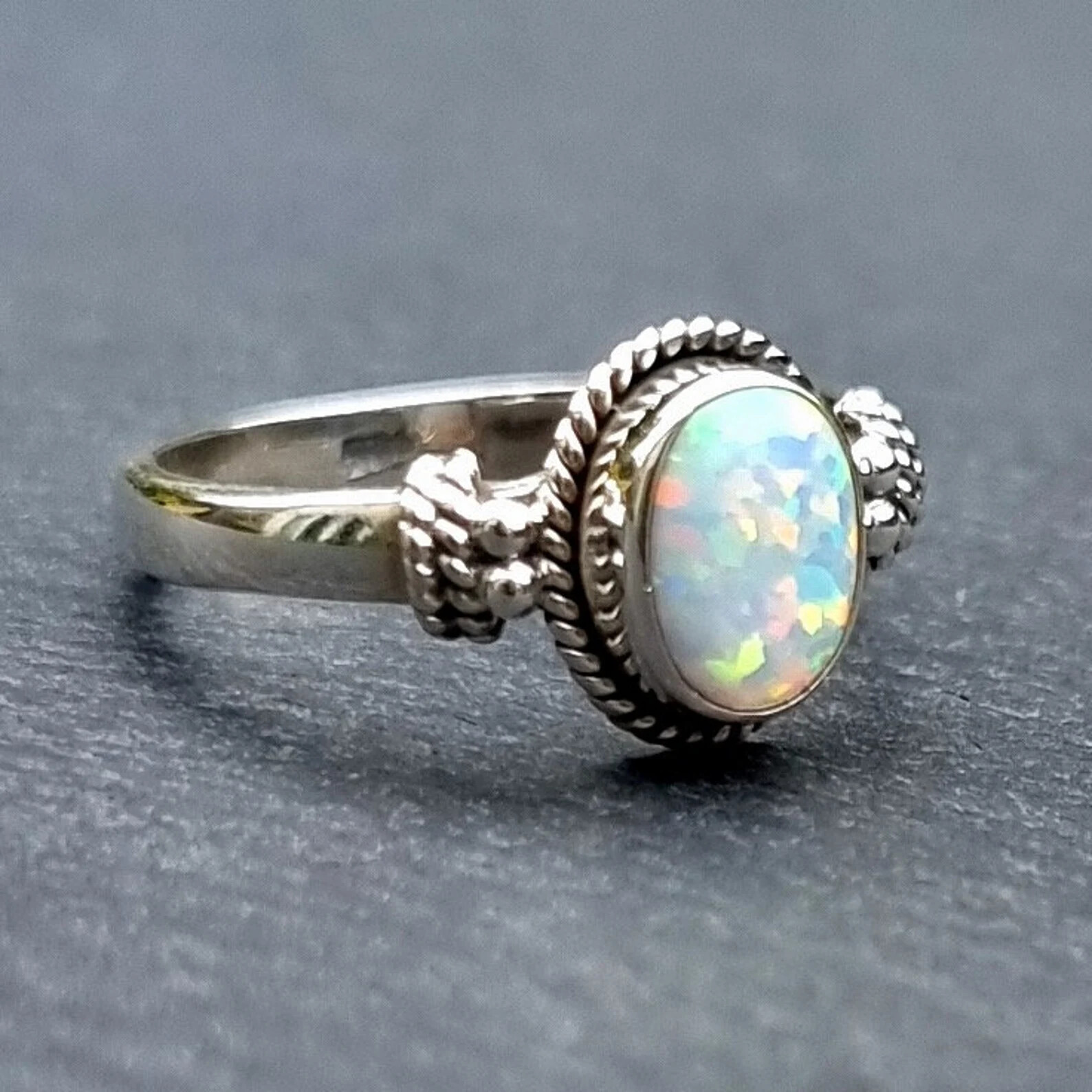 Oval Boho White Opal Ring, 925 Sterling Silver Ring, Handmade Women Ring Modern