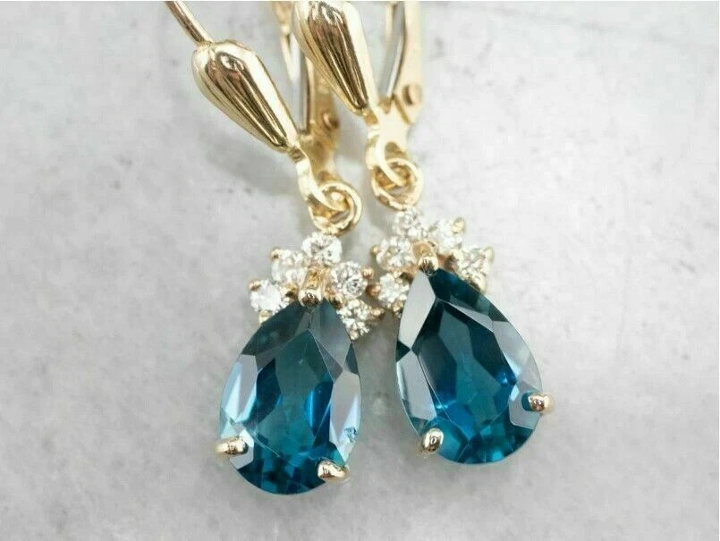 14K Yellow Gold Plated 3Ct Pear Simulated London Blue Topaz Drop-Dangle Earrings