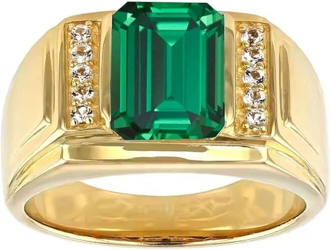 14K Yellow Gold Plated 3Ct Emerald Cut Lab Created Green Emerald Men’s Band Ring