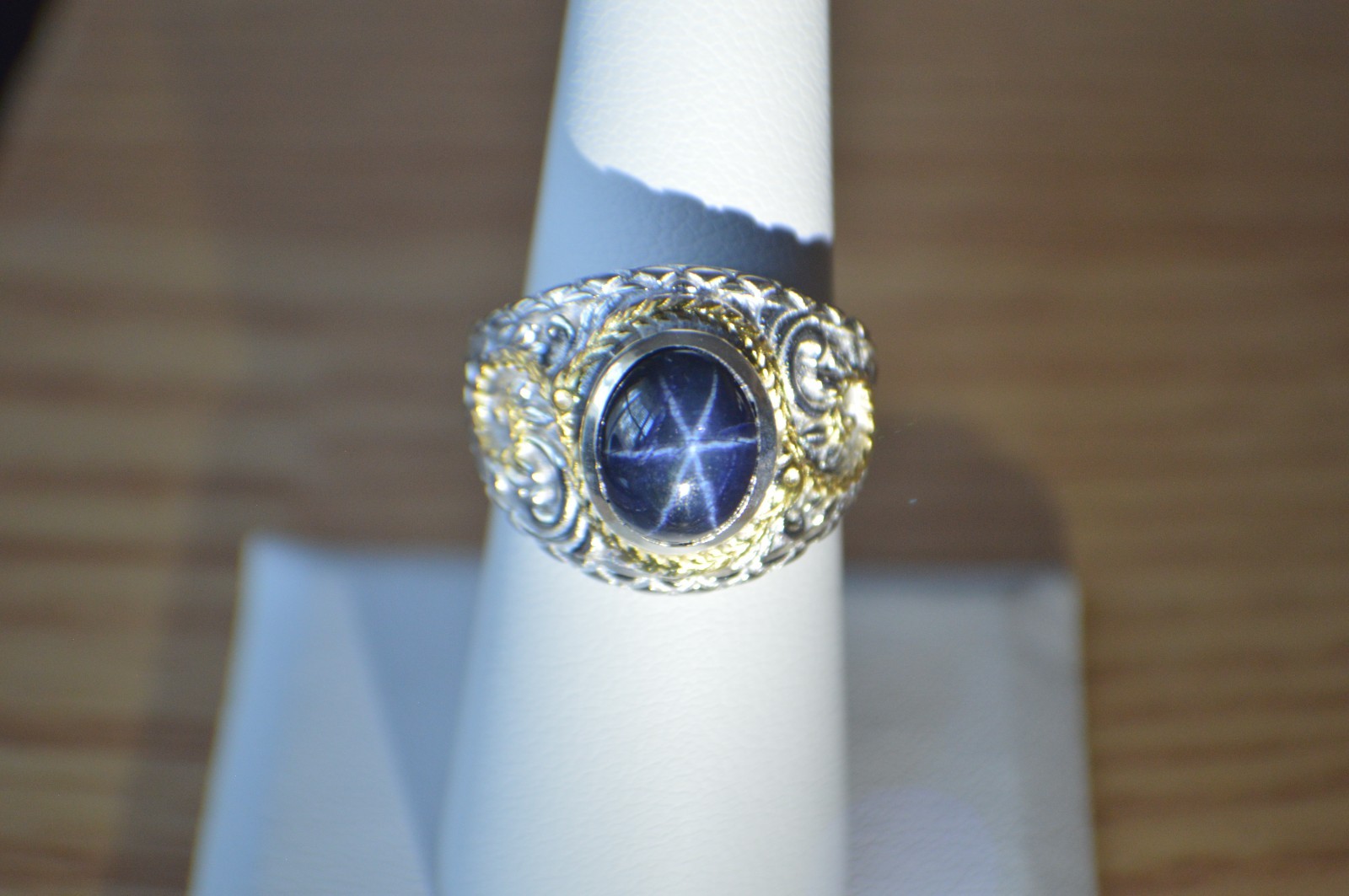 4.65ct Blue Star Sapphire Ring Rhodium & 18k YG Plated Over Fine Silver Size 7