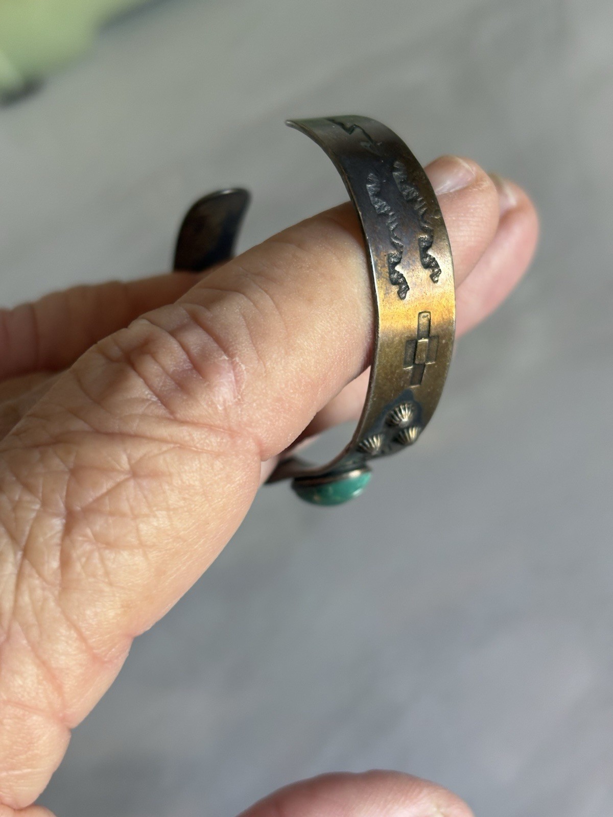 Fred Harvey Era cuff-stamped Sterling with Green Turquoise Stone