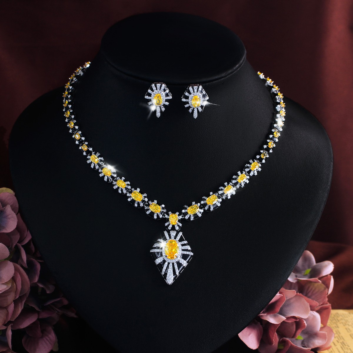 Women Silver Plated Yellow Zirconia Pentagon Earrings Necklace Party Jewelry Set