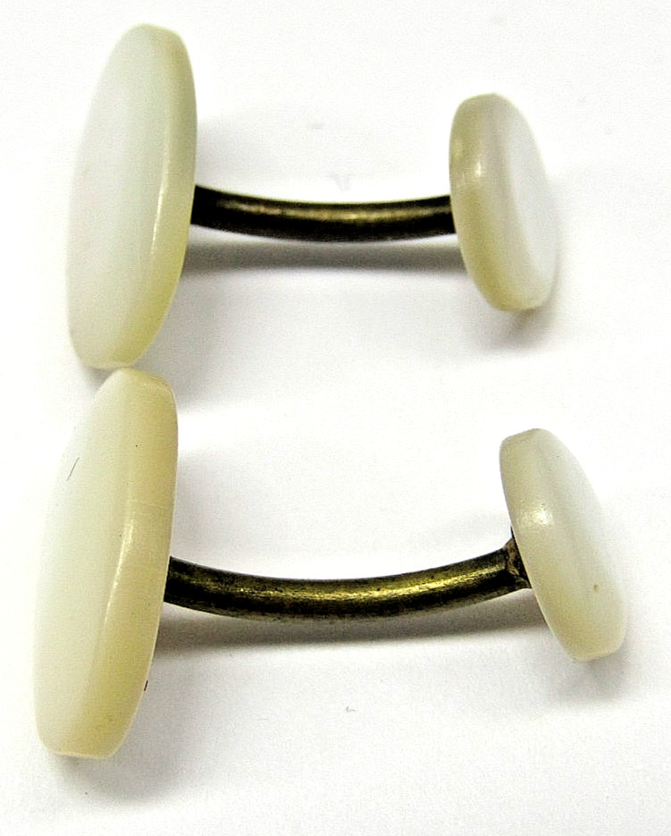 Vintage Mother of Pearl Oval Cufflinks Mid Century Fixed Link Brass Mens Wear