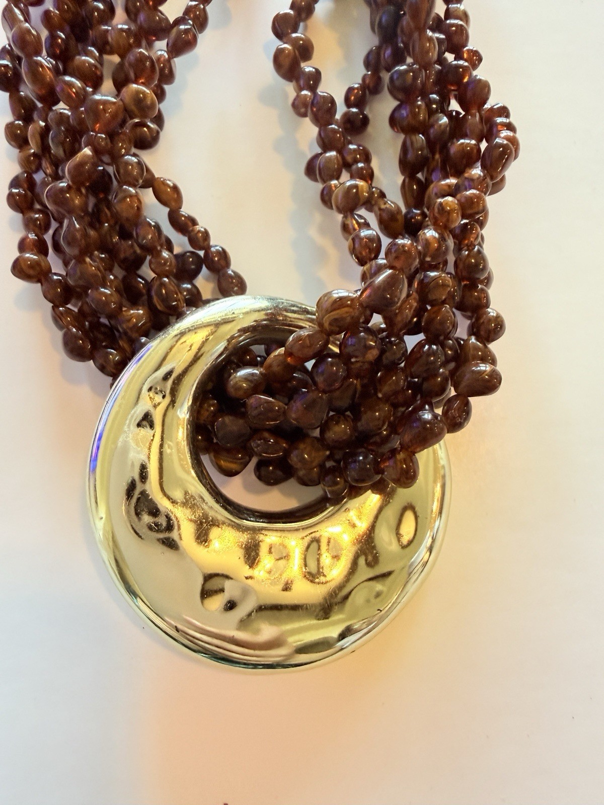 Brown Wood Beaded Multi-Strand Statement Necklace Gold Tone Round Charm Hook