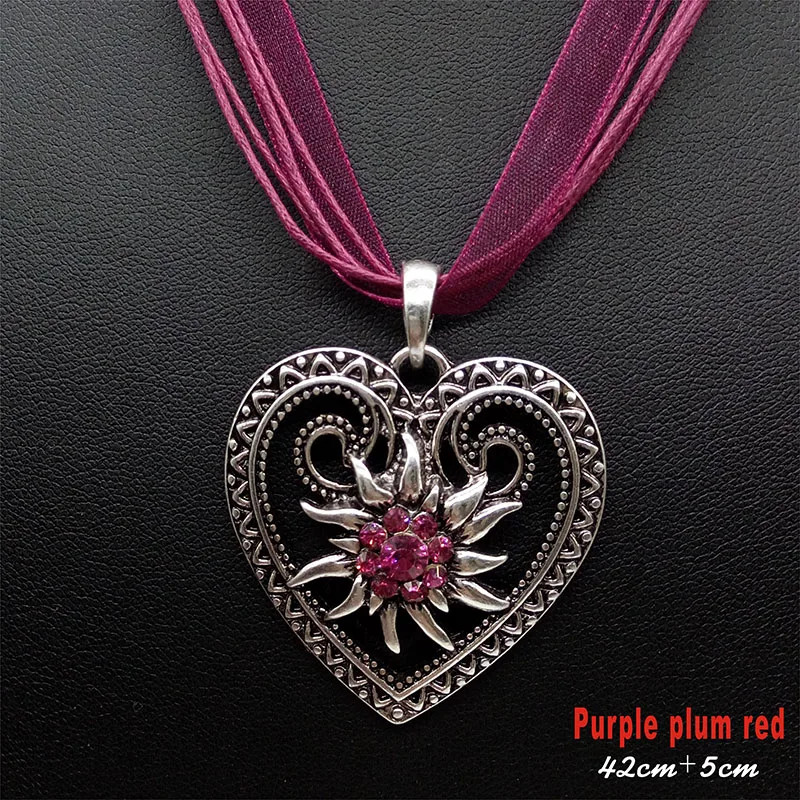 New Vintage Heart Edelweiss Flowers Necklace Organza Ribbon Pendant Women