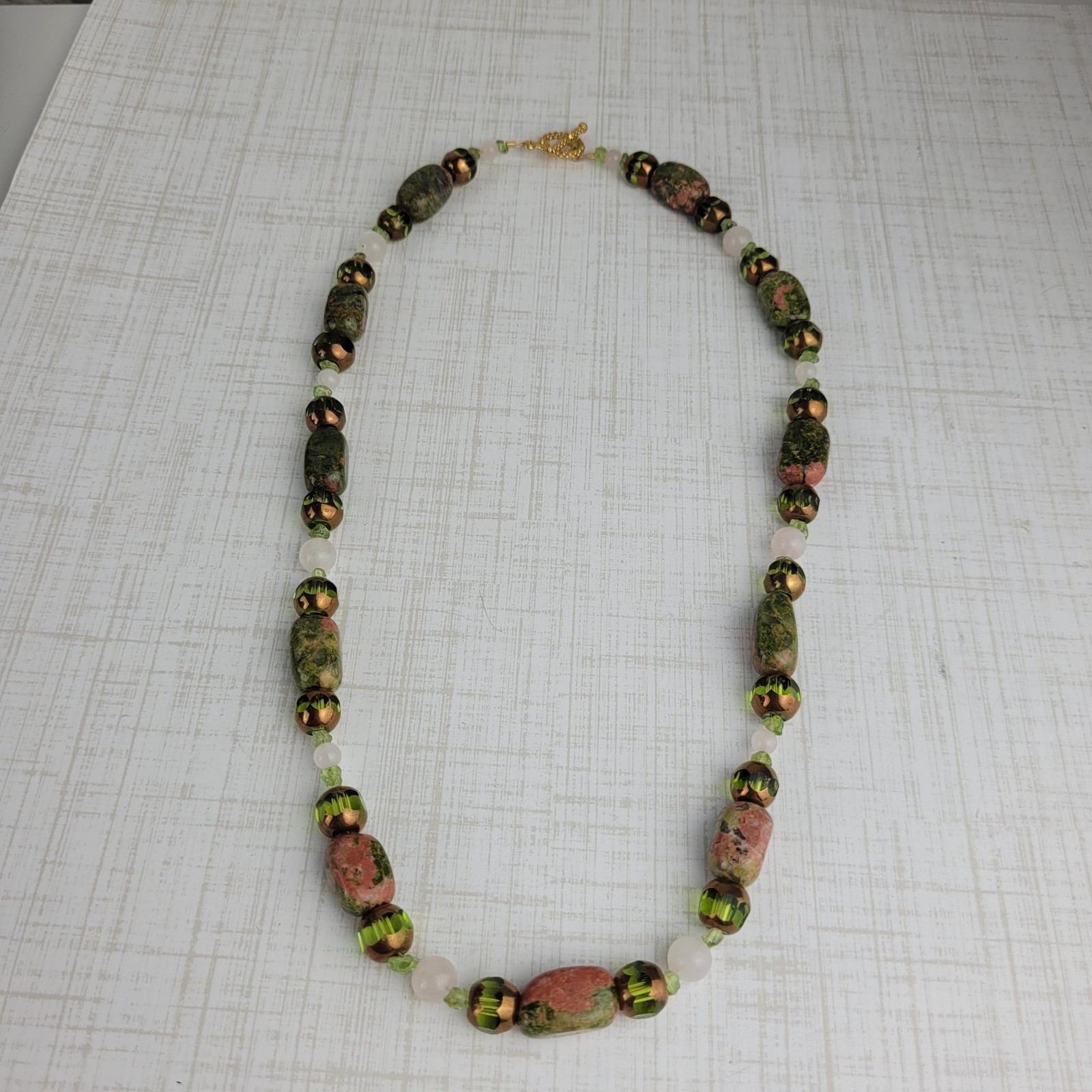 Green and Adobe Pink Color Stone Glass Bead Necklace 17″ Artisan Made