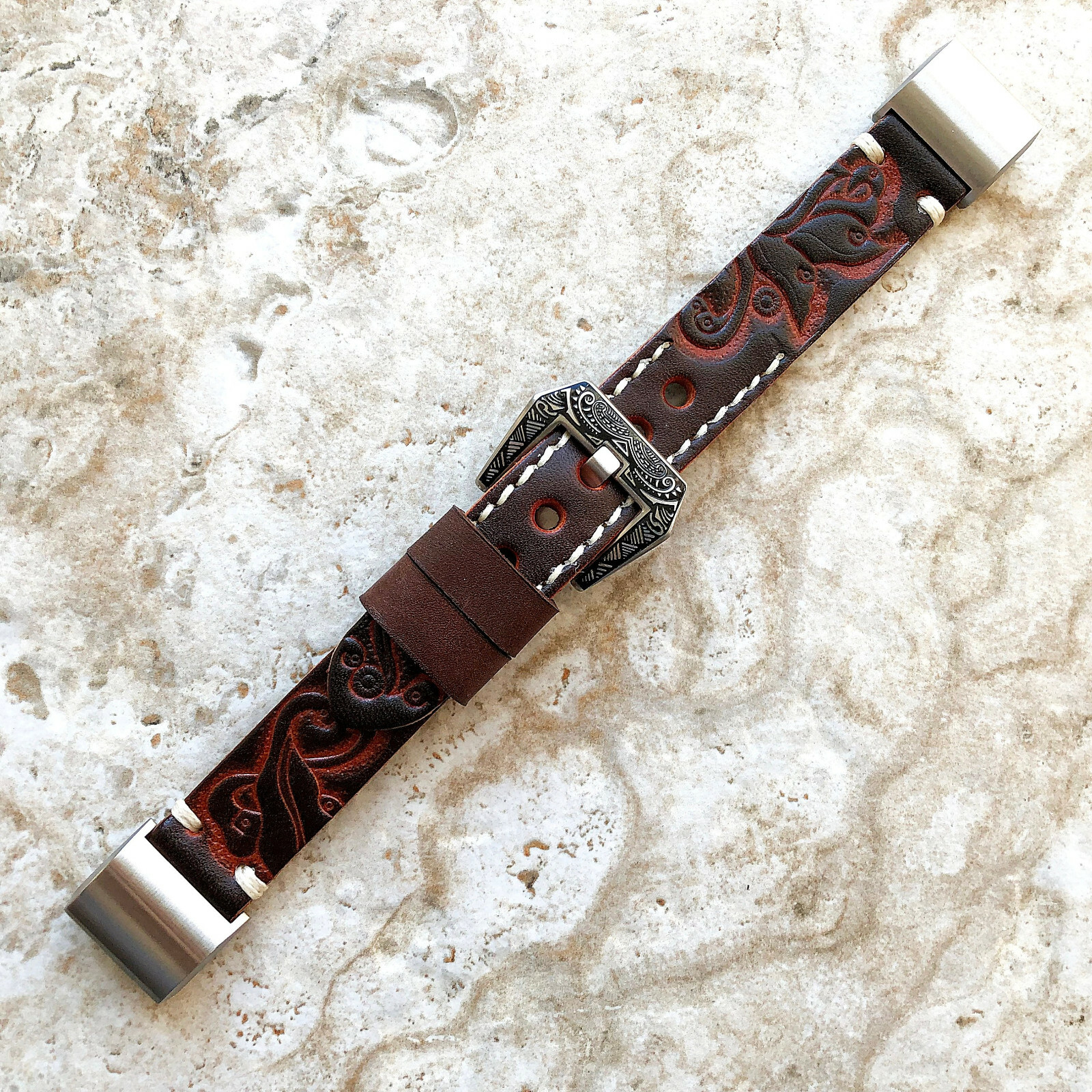 Dark Brown Embossed Handmade Leather Watch Strap Band for Fitbit Charge 6 5 4