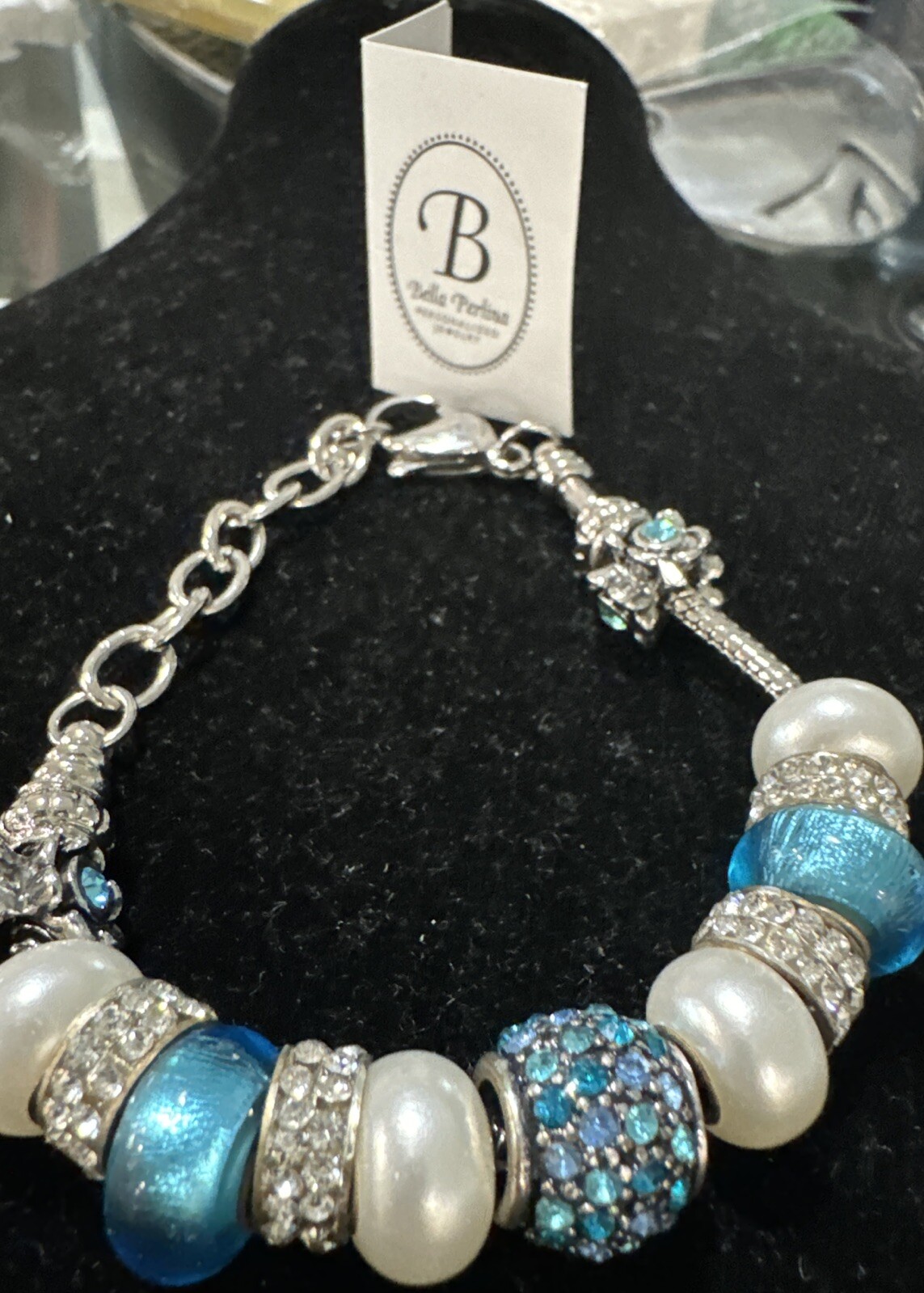 Bella Perlina Charm Bracelet with Aqua & White Beads with Silver Rhinestones $95