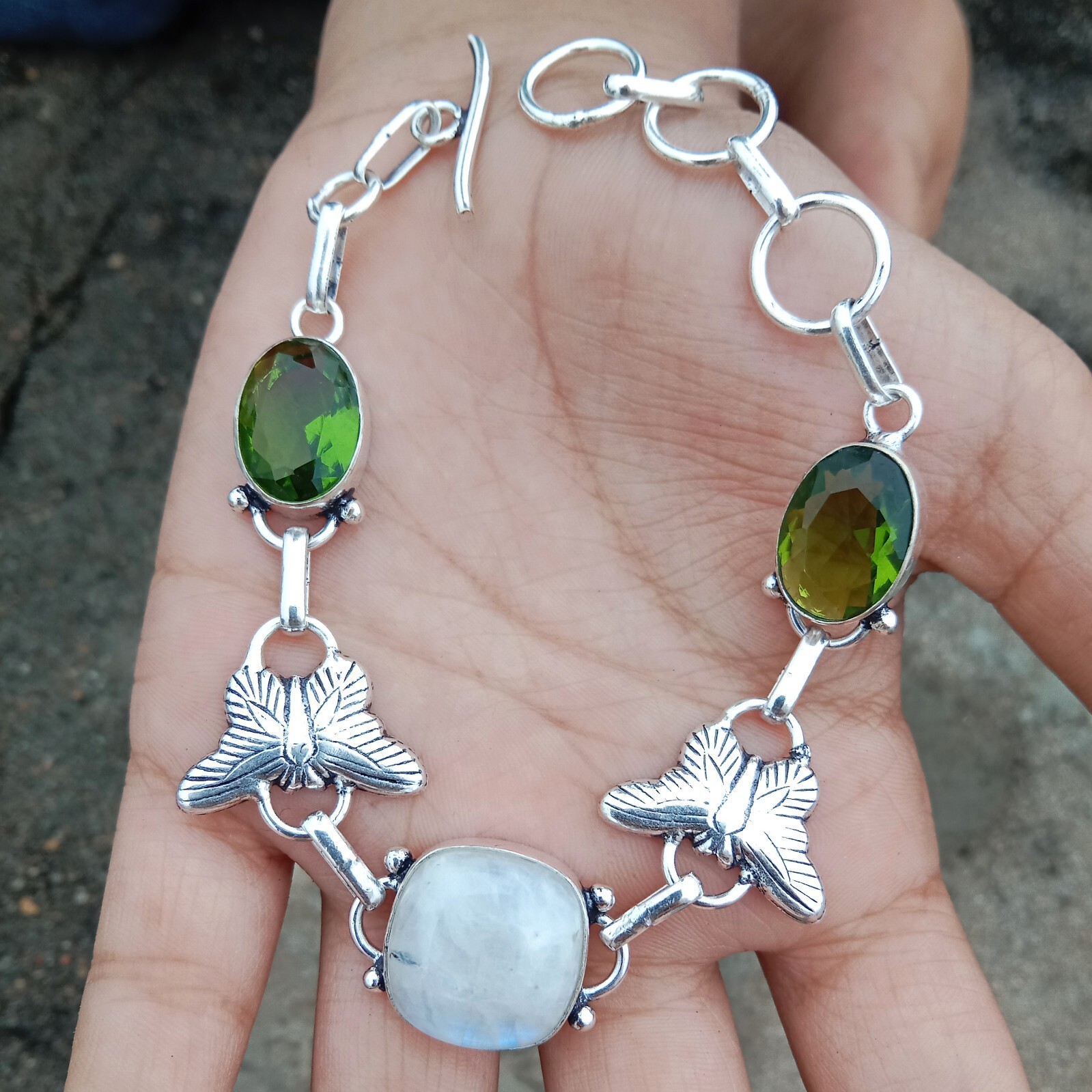 Designer Moonstone, Peridot,Link Bracelet,Silver Bracelet,Wedding Gift,7 inches,