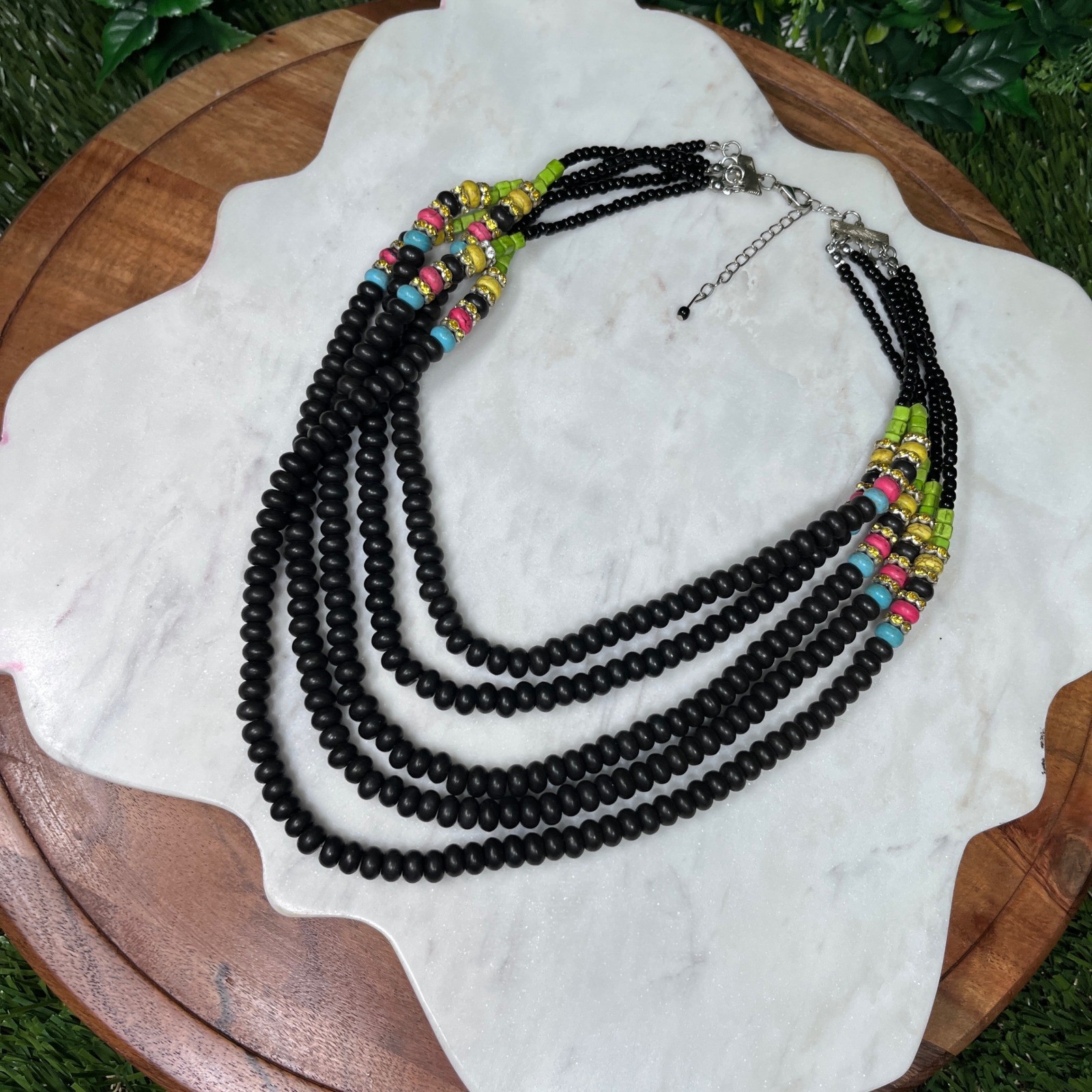 Multi Strand Beaded Necklace Black Pink Green Blue Statement Adjustable 3817