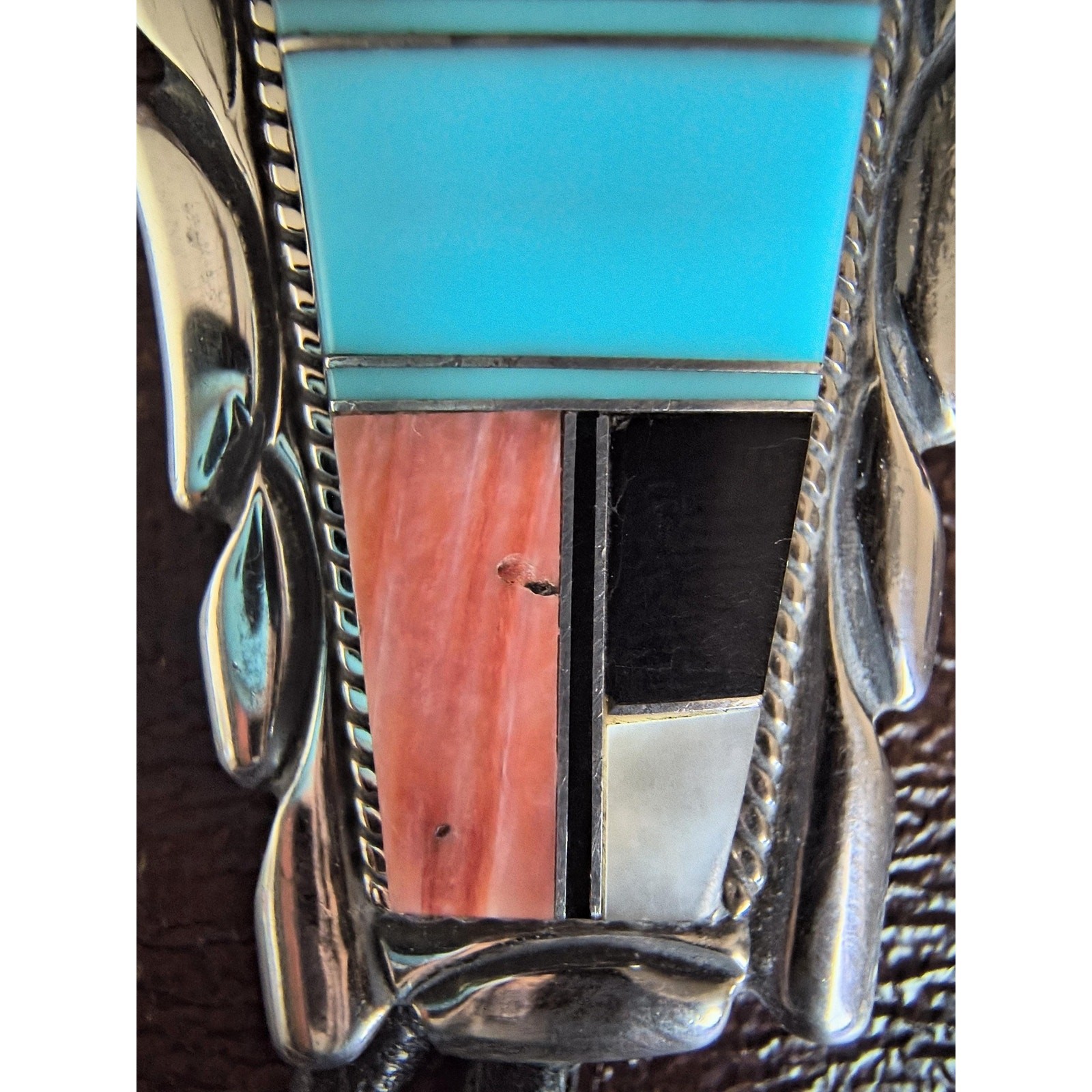 Old Sterling Silver Inlay Bolo Tie – Turquoise, Onyx, MOP & Spiny Oyster