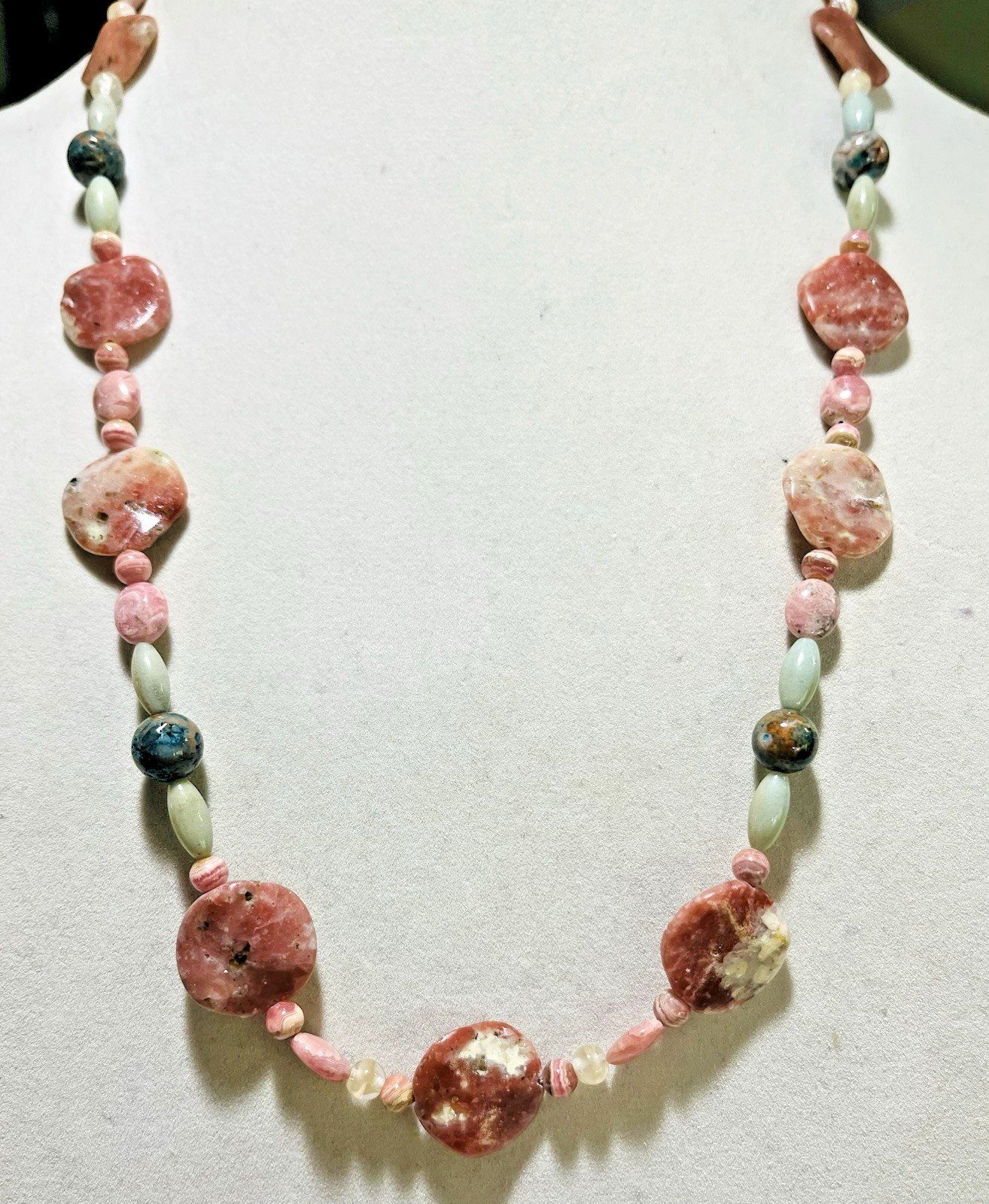 USA Artisan Pink Rhodonite Rippled Disc Bead Necklace 27″ Sterling Toggle Clasp