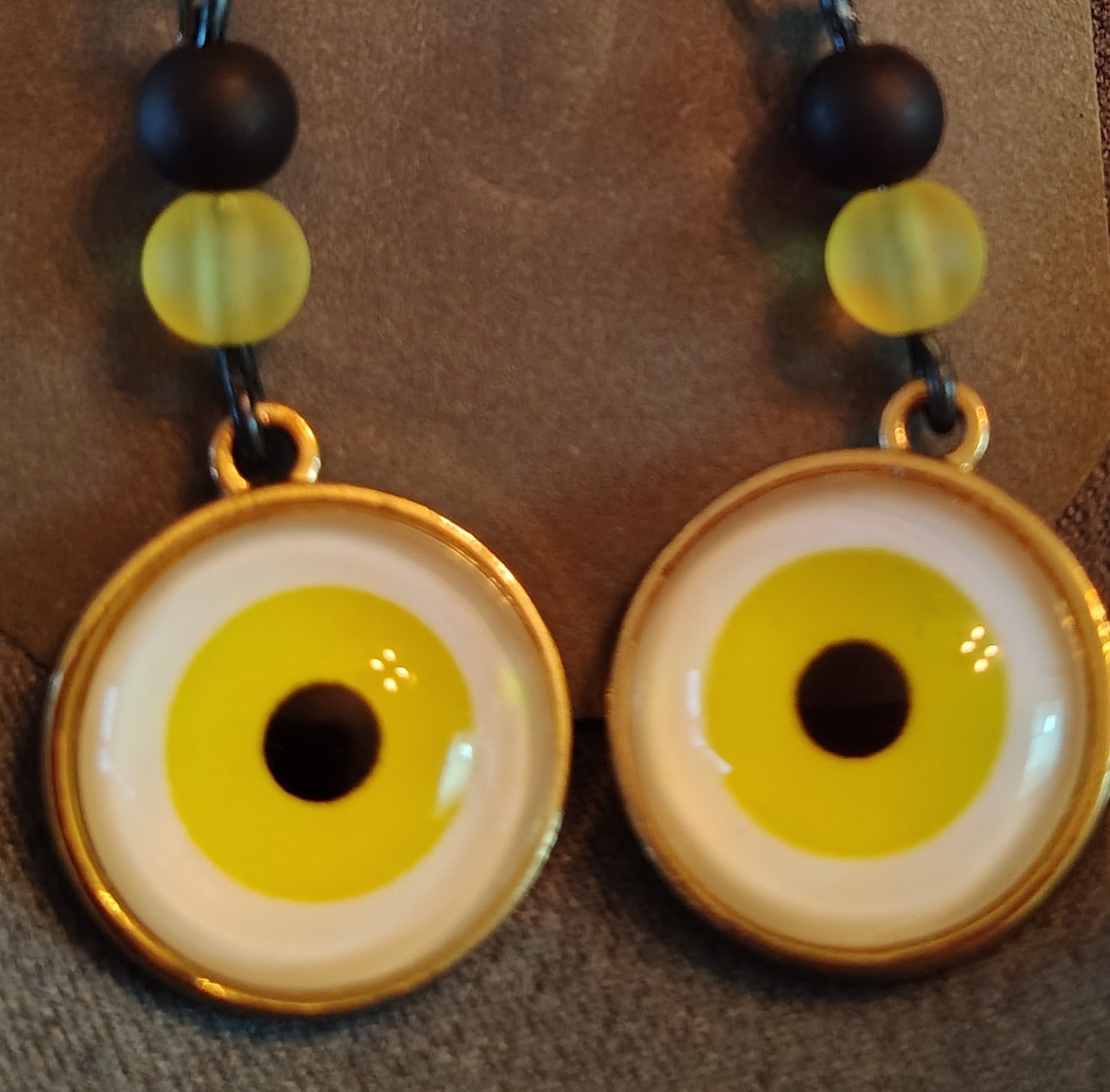 Halloween Creepy Eyeball Earrings 2″ Dangle Hooks Skull Green Gold Handmade OOAk