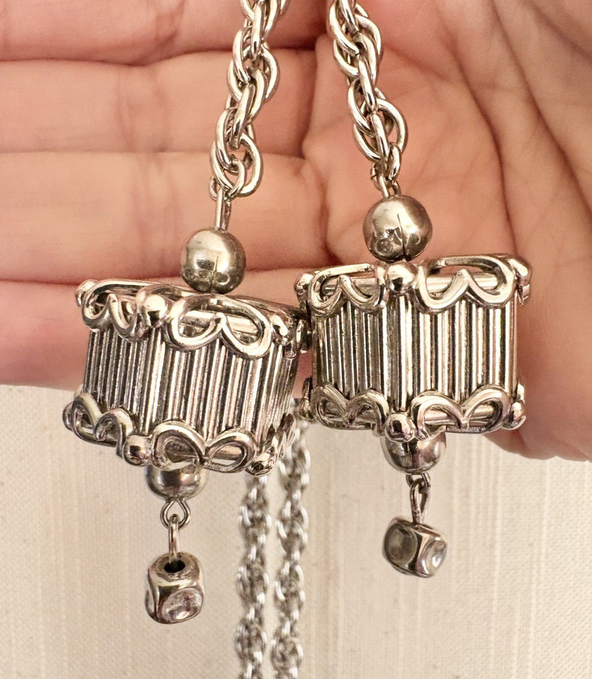 Vintage c.1955-62 Rhodium Lantern Pagoda Sautoir Necklace & Earrings Set RARE