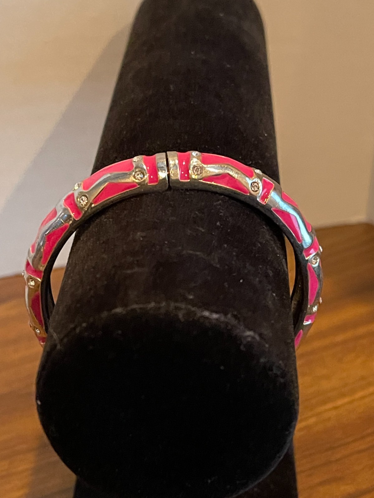 Hot Pink Fuchsia Enamel Clamper Cuff Bangle Bracelet Rhinestone Hinged Estate