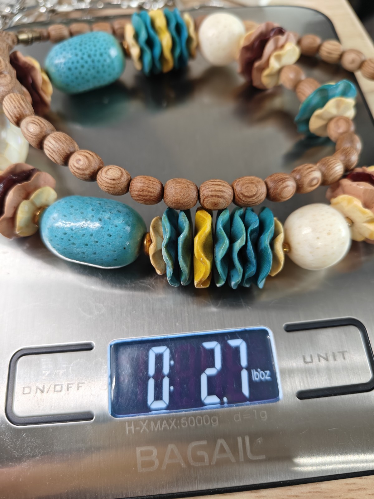 Wooden Boho Necklace Mother Of Pearl Bead Blue Yellow Pink Brown Colorful