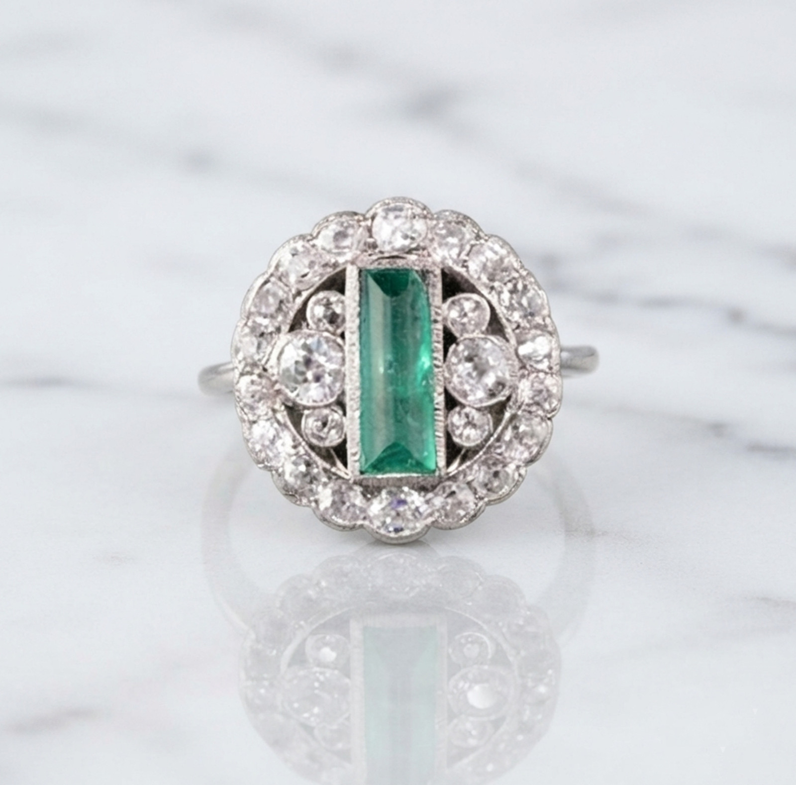 14K Gold Art Deco Bezel Set Green Baguette Cut Lab Created Diamond Wedding Ring