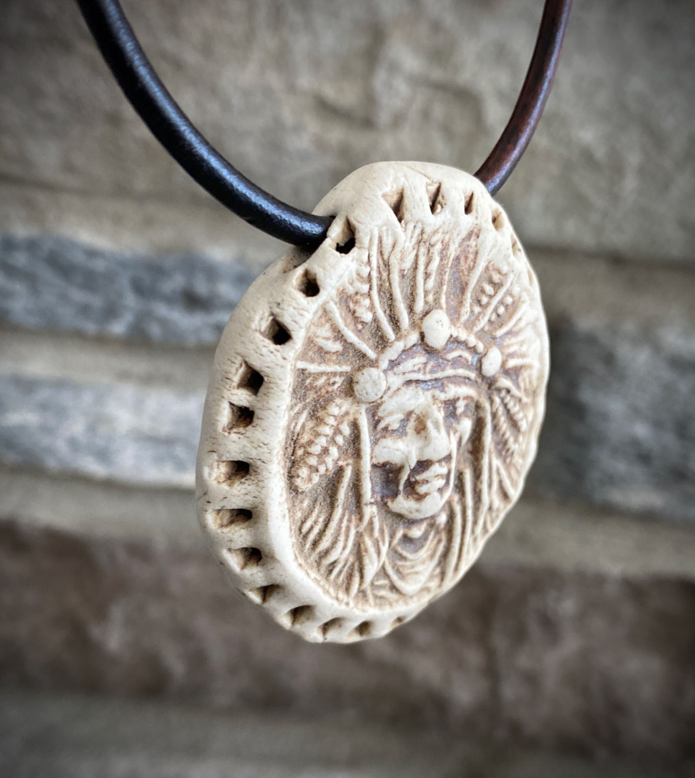 ARTISAN Ceramic Pottery Native American Indian Chief Pendant NECKLACE Warrior 2″