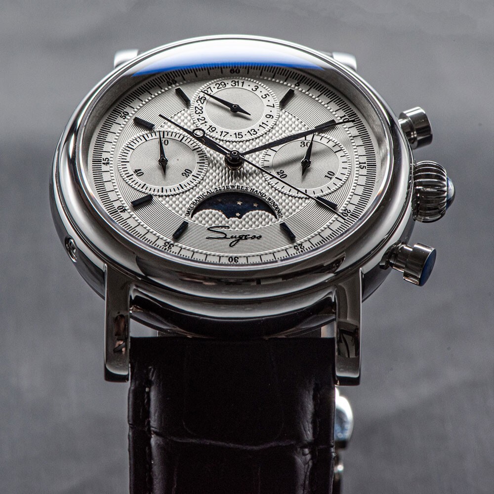 SUGESS S426 Mechanical Chronograph White Steel Leather Moonphase Men’s Watch