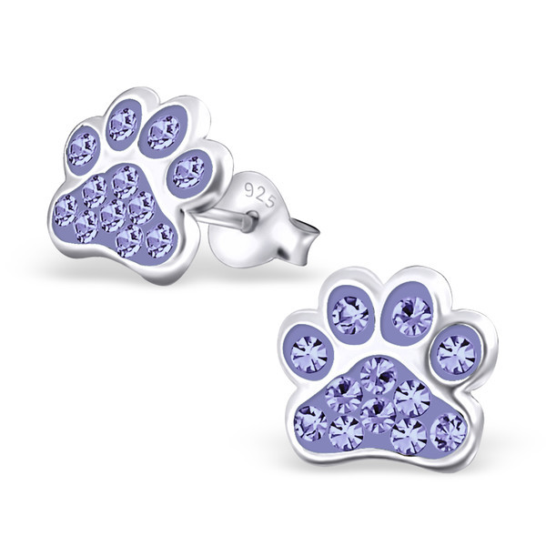 Paw Print Violet Purple Crystal .925 Sterling Silver Stud Post Earrings