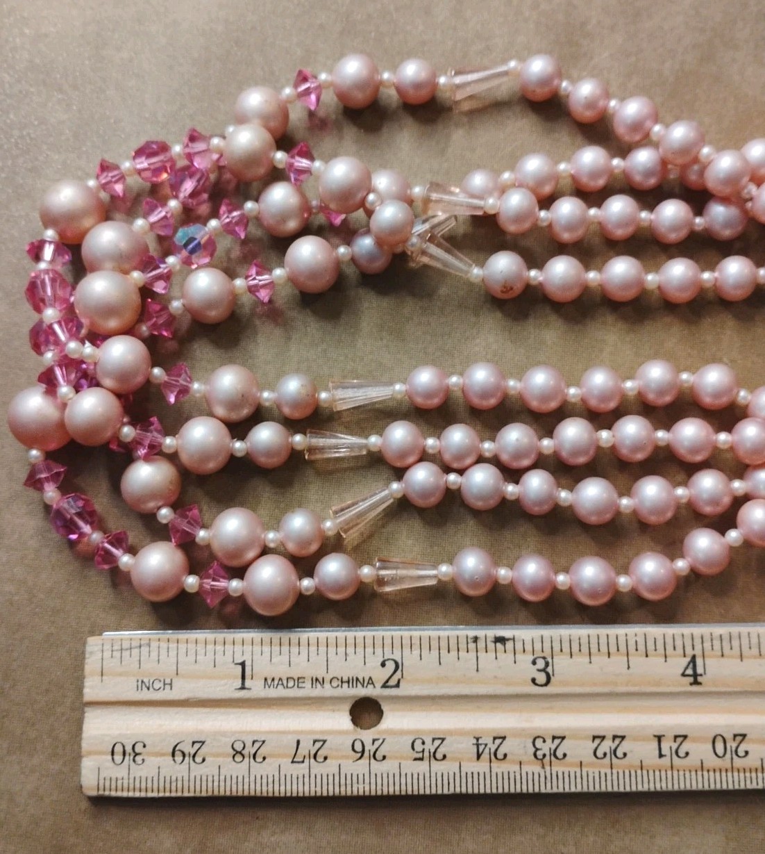 MCM Unsigned 14″+ Dusty Rose Faceted Pink Triple Strand Necklace, Ornate Clasp!