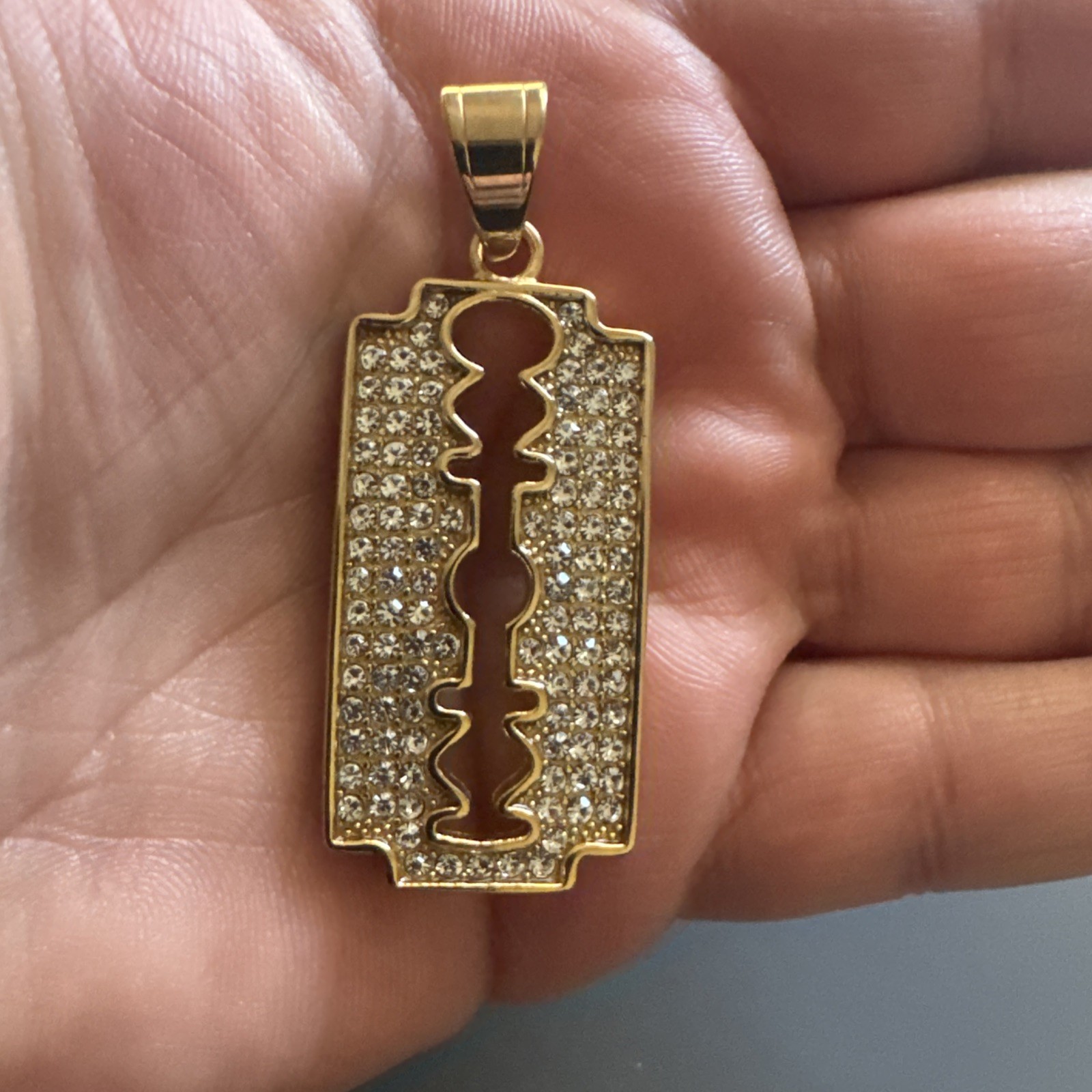 Blade Pendant Gold Plated Cubic Zirconia Stainless Steel 24 Inch Chain Razor