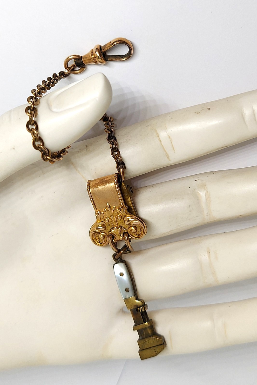 VTG Antique Miniature monkey Wrench works watch Fob charm Gold Filled Chain Clip