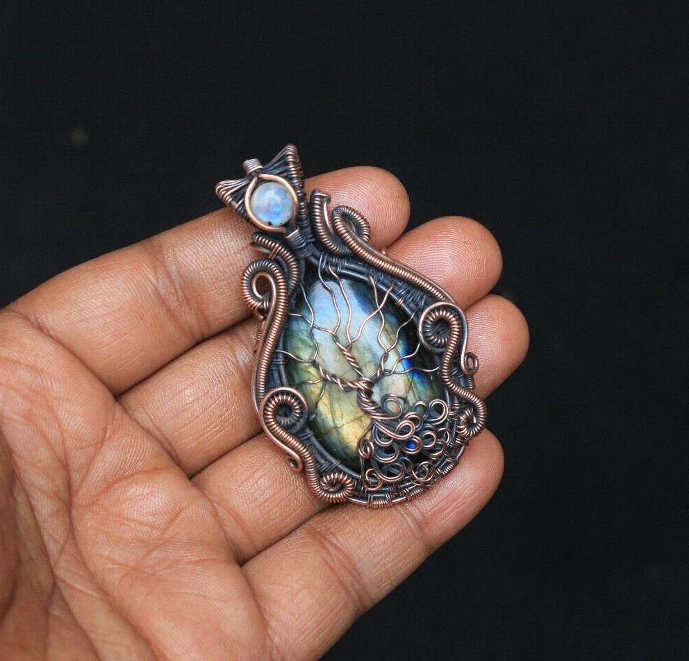 Yellow Fire Labradorite Copper Wire Wrap Tree Of Life Pendant Jewelry Gift NK547