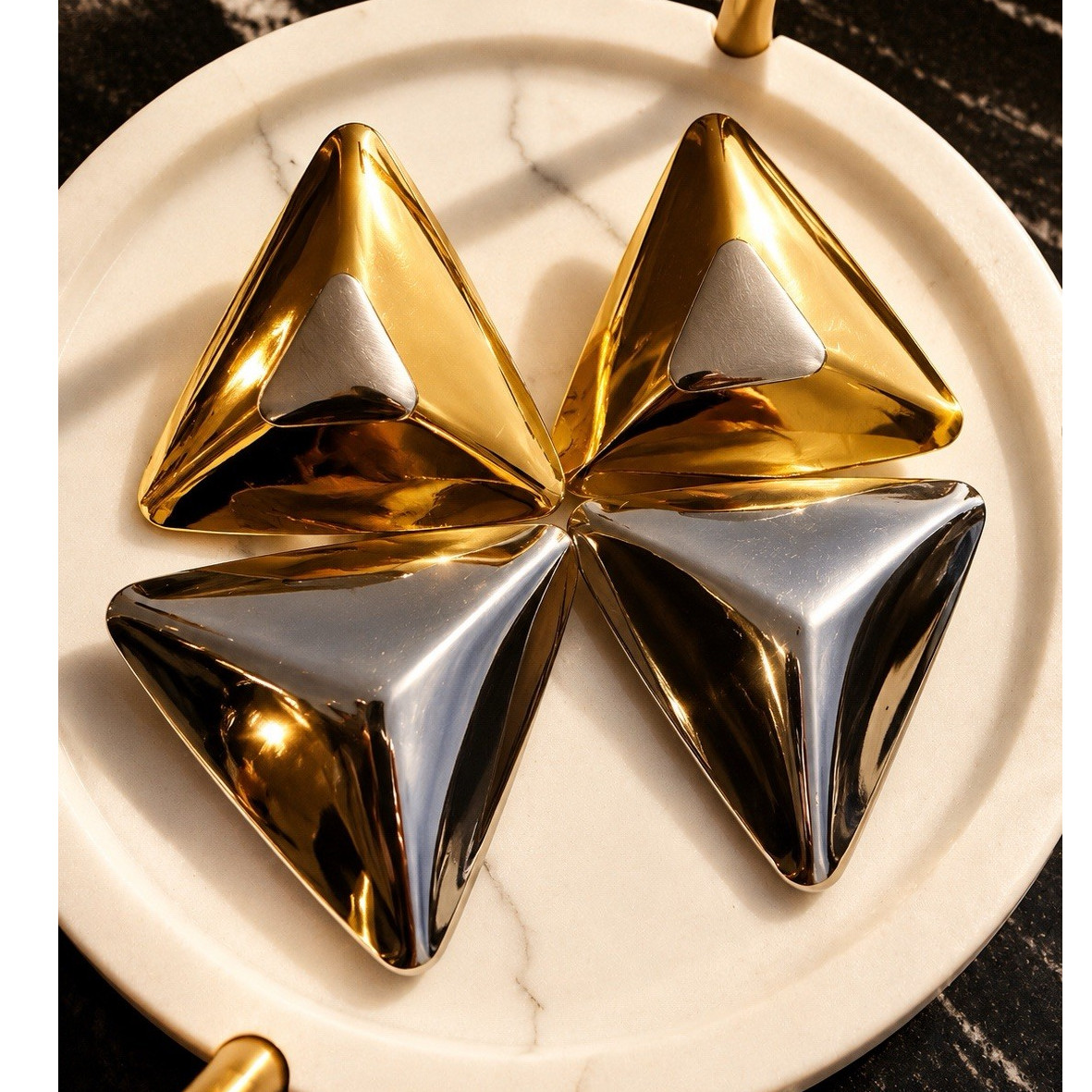 Earrings Triangle Dangle Gold Tone Silver Tone Metal Lobe No Stone