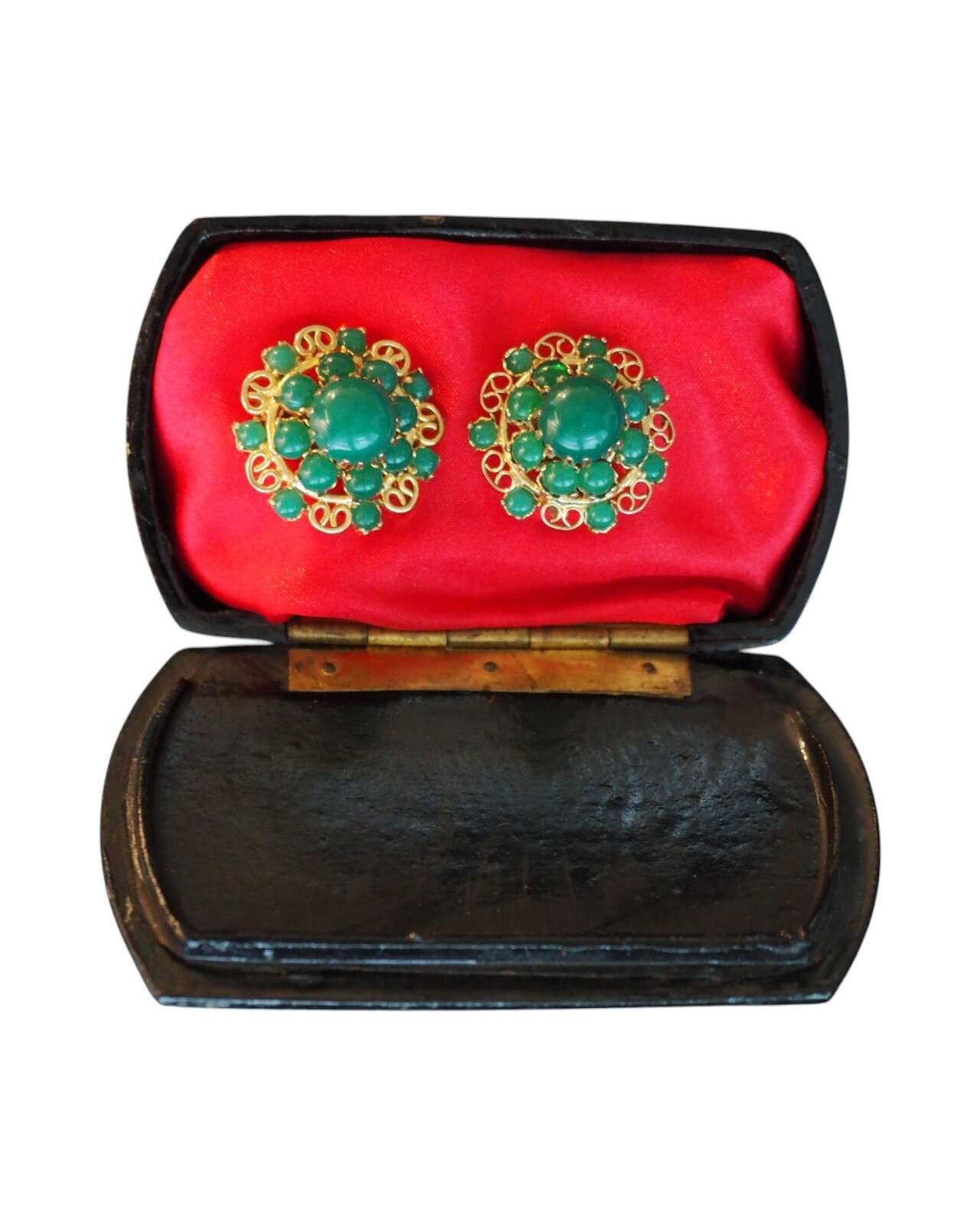 Mid-Century Gold-Tone Filigree Green Cabochon Clip-On Earrings