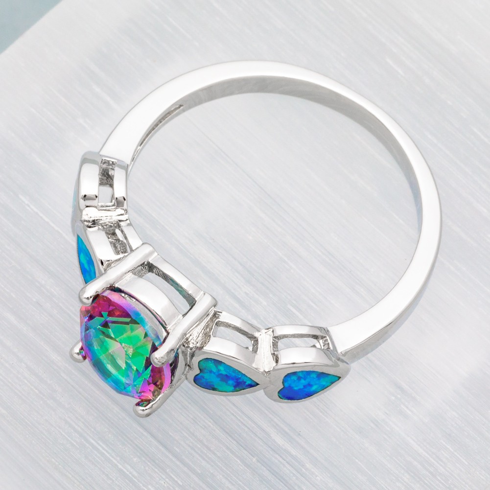 7×9 Rainbow Mystic Topaz Blue Fire Opal Silver Jewelry Women Ring Size 7 8