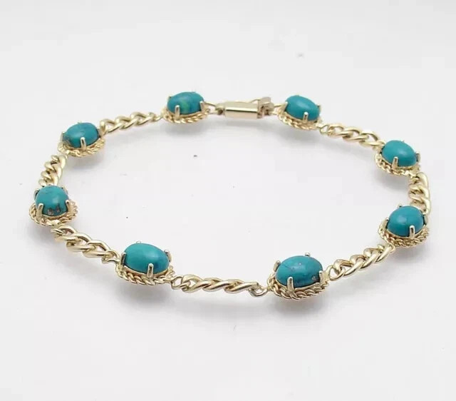 Natural Turquoise Gemstone Tennis Curb Link Bracelet 925 Silver14k Yellow gold P