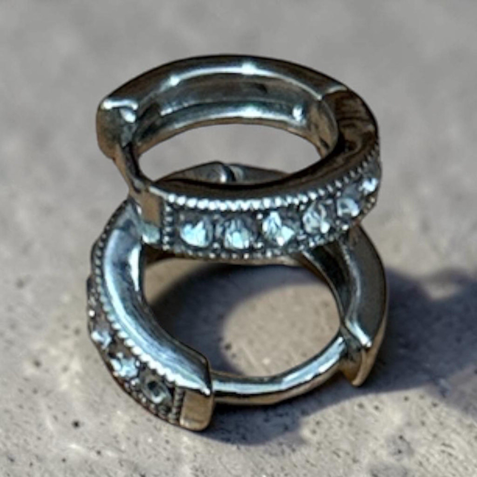 Silver-Tone Pavé CZ Huggie Hoop Earrings, Hinged Closure, Round White Stones