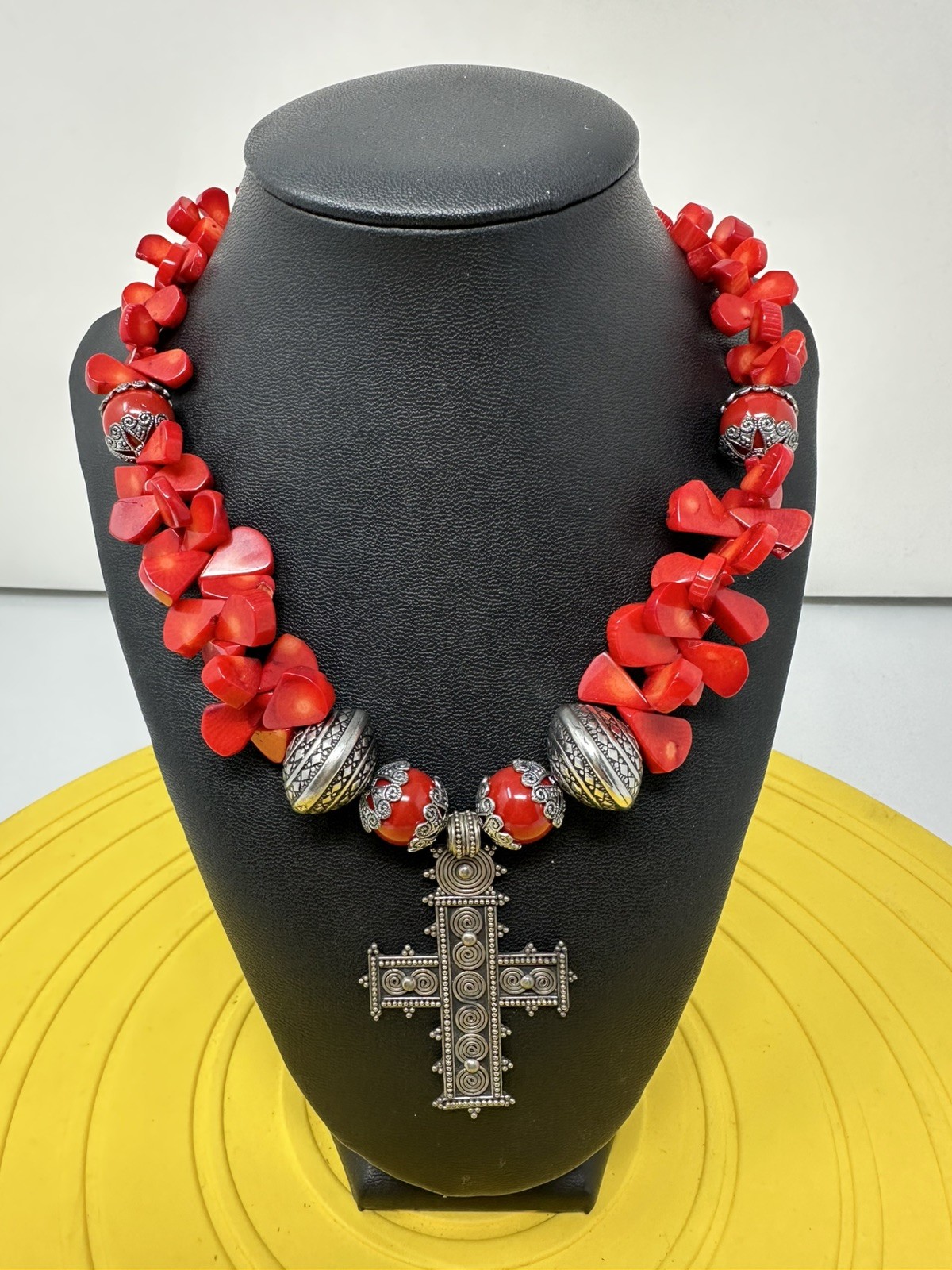 Sterling Silver Cross On A Red Coral Bead Necklace 114 Grams 17 Inch