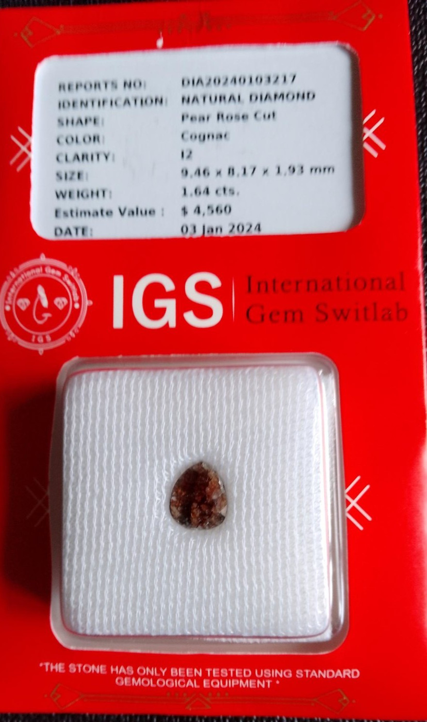 1.64ct Cognac Diamond, NATURAL PEAR ROSE CUT, new/sealed, IGS certified
