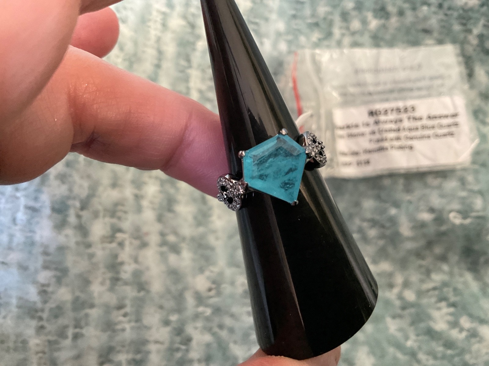 Bomb Party Ring “Sparkle Is Always The Answer” Aqua Blue Hematite Plated