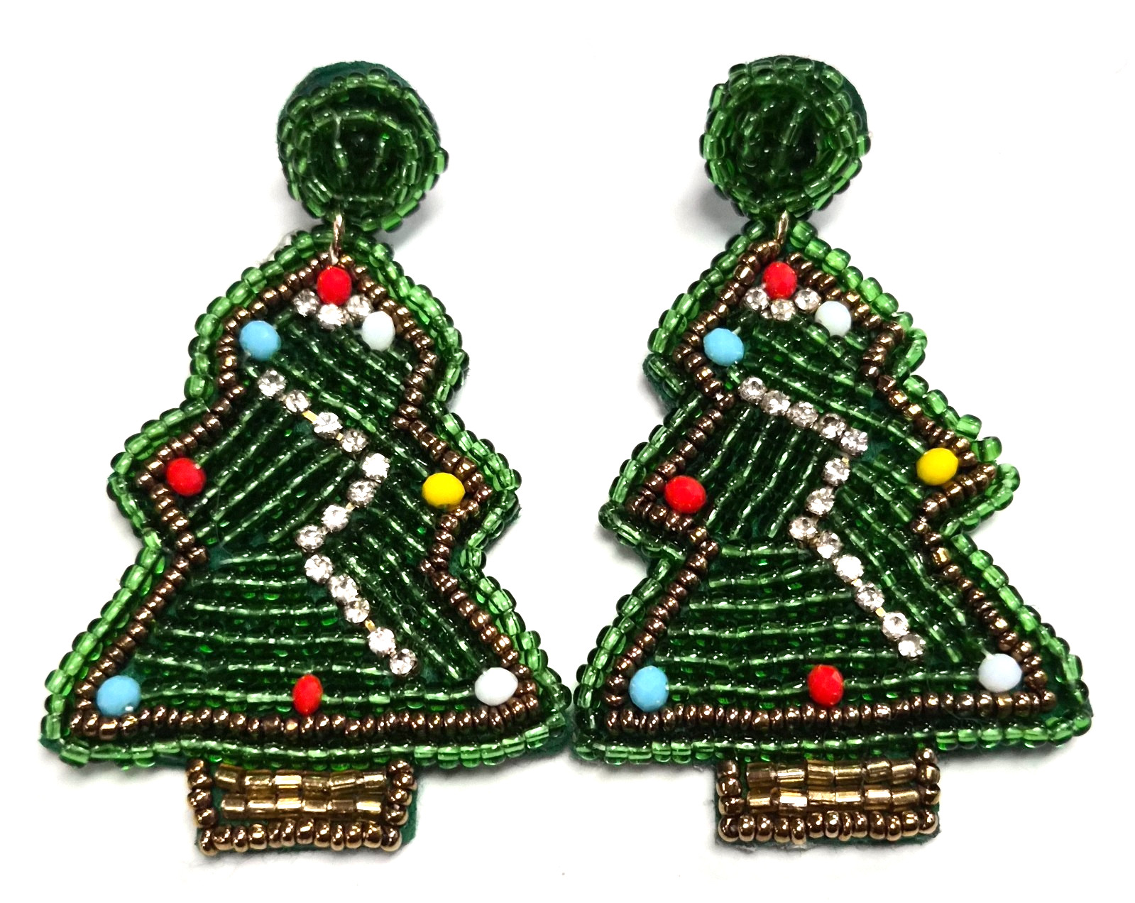 Estate Christmas Tree Glass Seed Bead & Rhinestone Felt Dangle Pierced Earrings