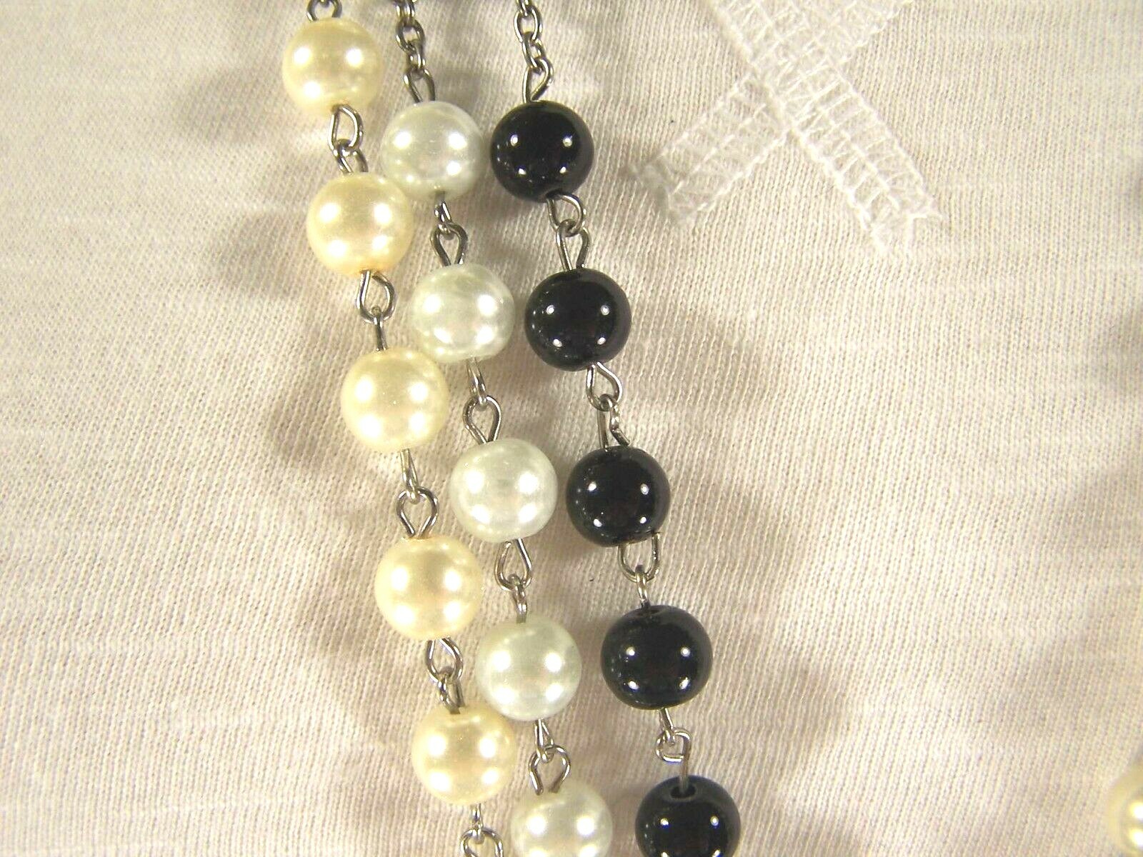 Black faux pearl glass bead beaded rosary silver cross 30″ long necklace