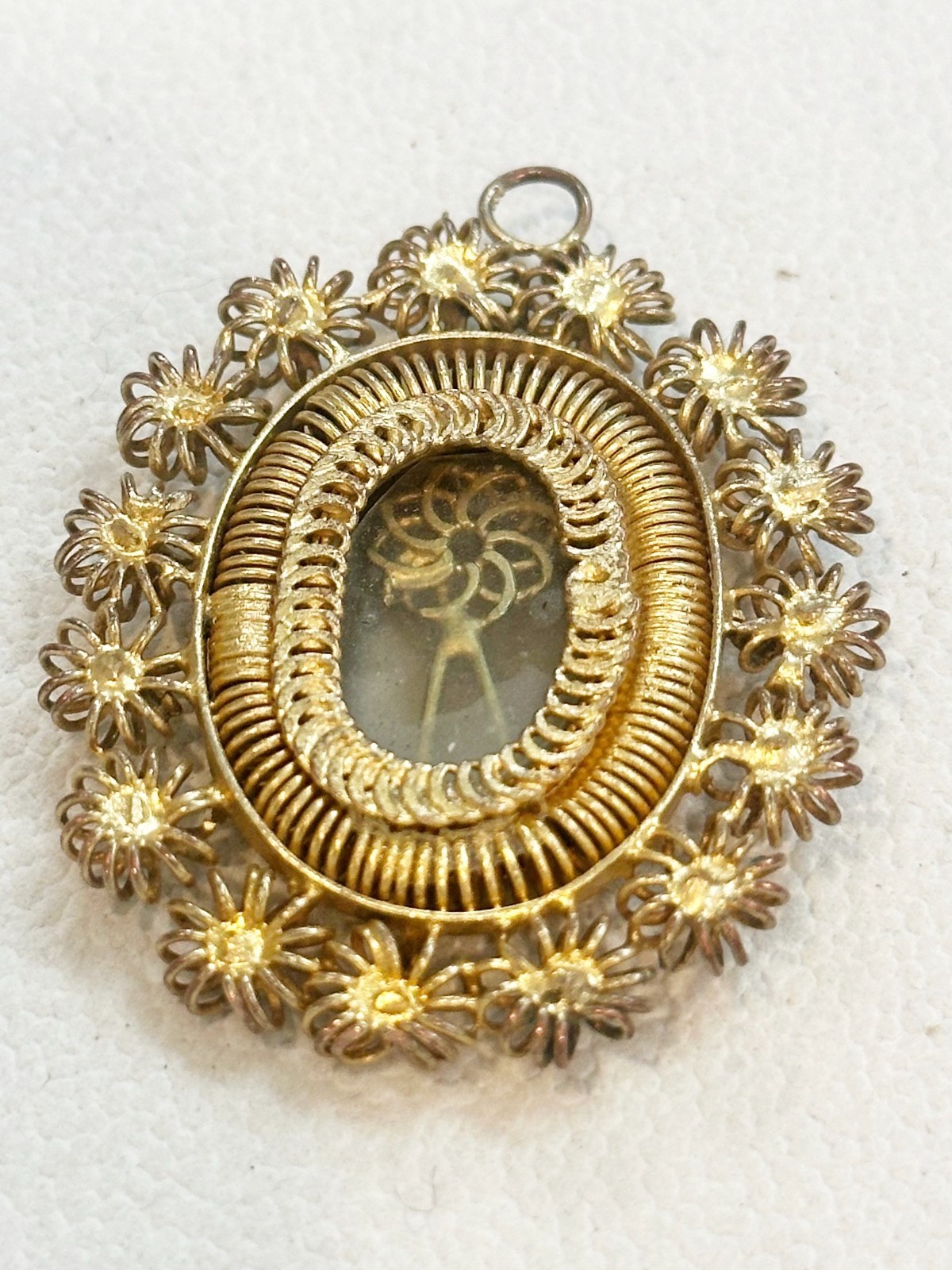 Philippines Tambourine Reliquary Gold Gilt Filigree Pendant 1930’s