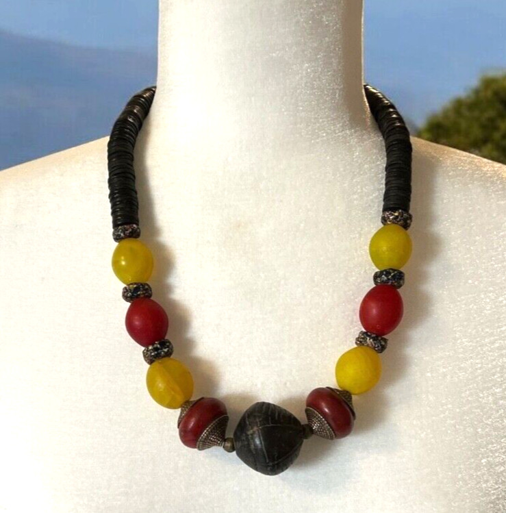 Artisan Necklace African Trade Bead Brass Brown Red Yellow Bold Ethnic Statement