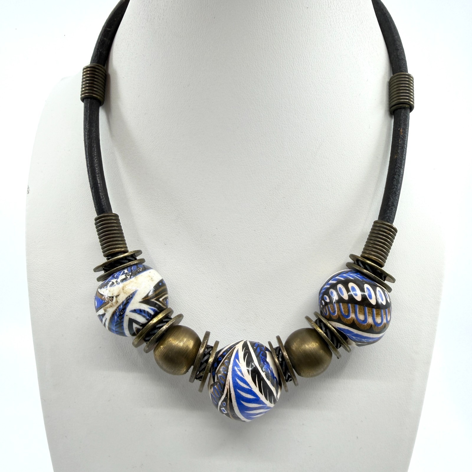 Boho Statement Necklace Blue White Ceramic Beads Leather Cord Artisan