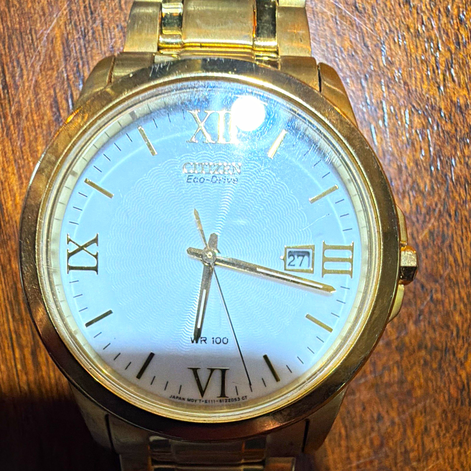Citizen Eco-Drive Gold Tone Bracelet Watch White Dial Roman Date WR100 100m