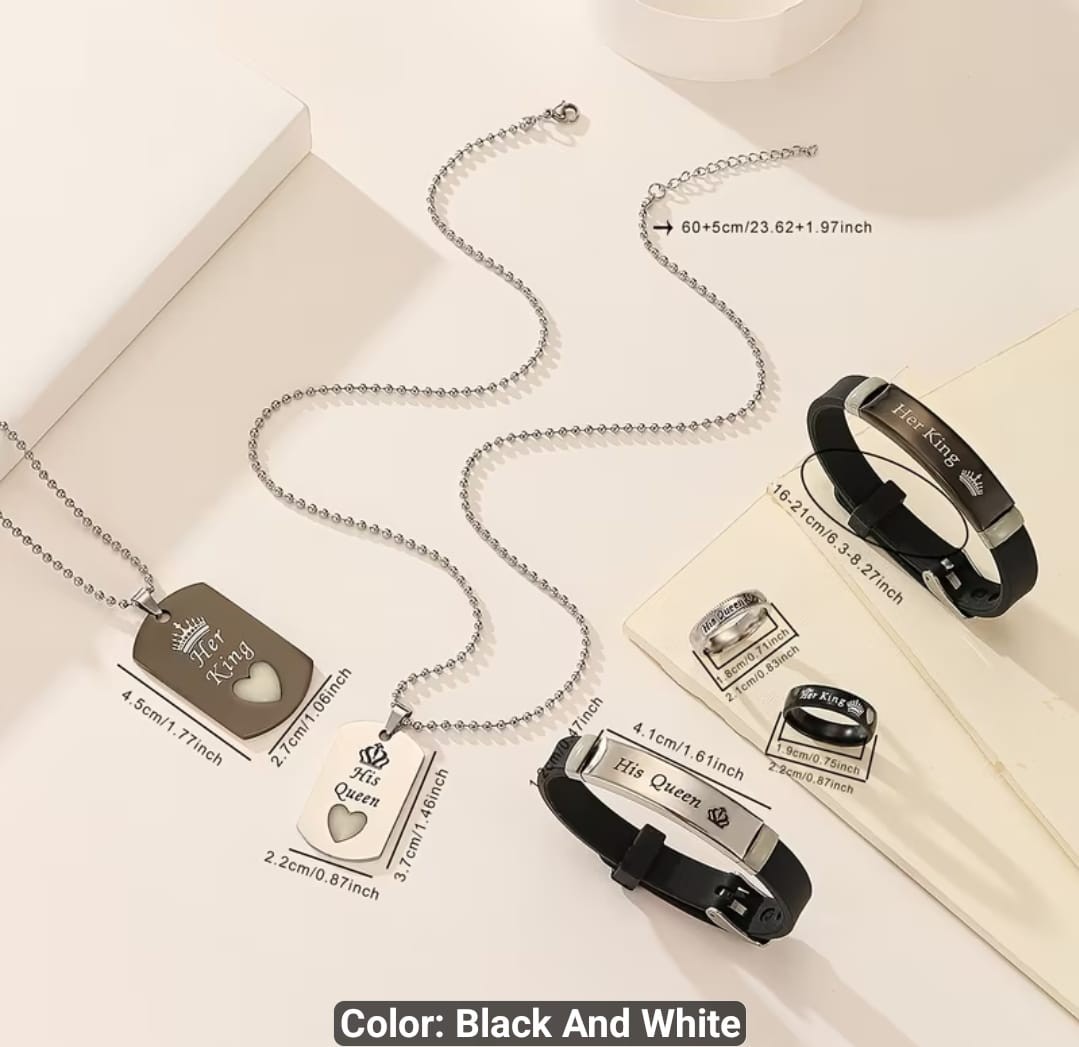 6 pcs /set of Luminous Heart and Crown Pattern Couple Necklace,Ring Bracelet