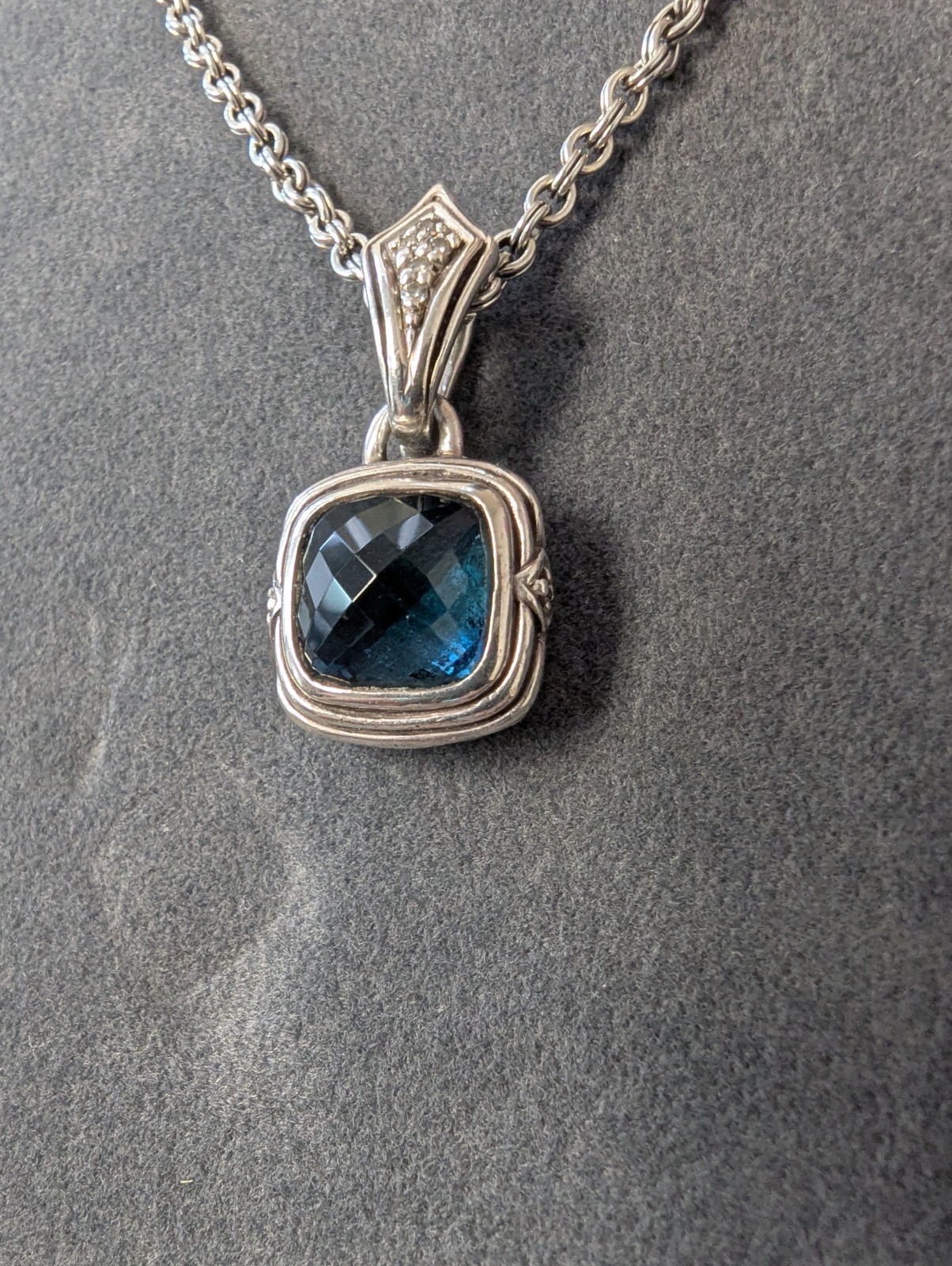 Scott Kay Sterling Silver Blue Stone Spinel? And Diamond Cushion Necklace