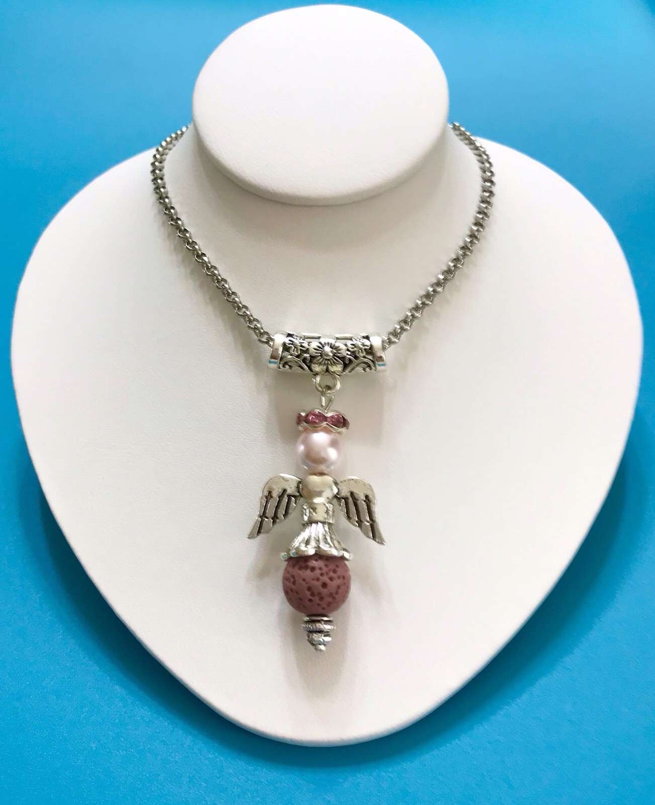 Handmade Diffuser Angel Wing Mauve Lava Bead Pink Glass Pearl Pendant Rolo Chain