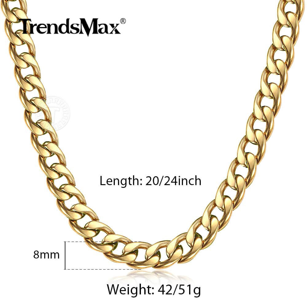 8mm 24″ Gold Plated Stainless Steel Curb Cuban Link Chain Necklace