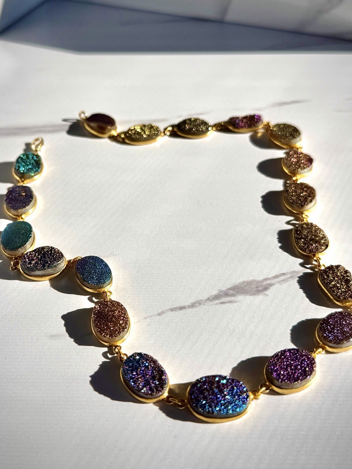 Gold Plated Sterling Silver Multi Color Druzy Link Station Necklace Rainbow New