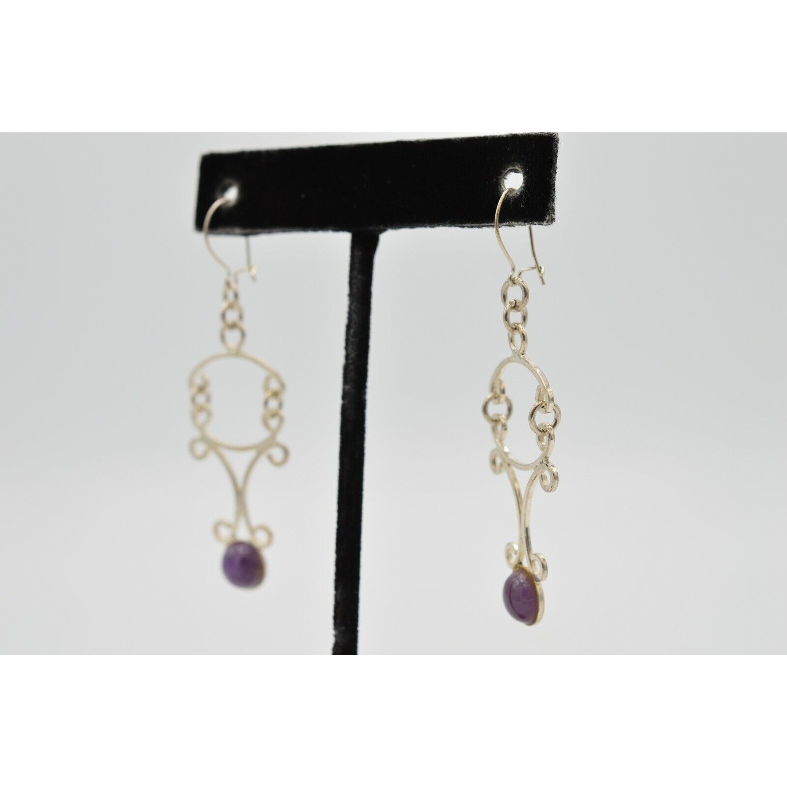 925 Sterling Silver Statement Earrings Dangle Purple Jelly Gripoix Vintage 9E