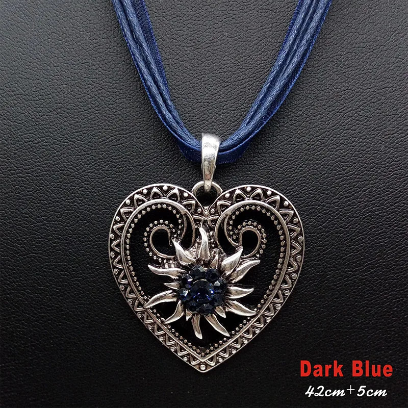 New Vintage Heart Edelweiss Flowers Necklace Organza Ribbon Pendant Women