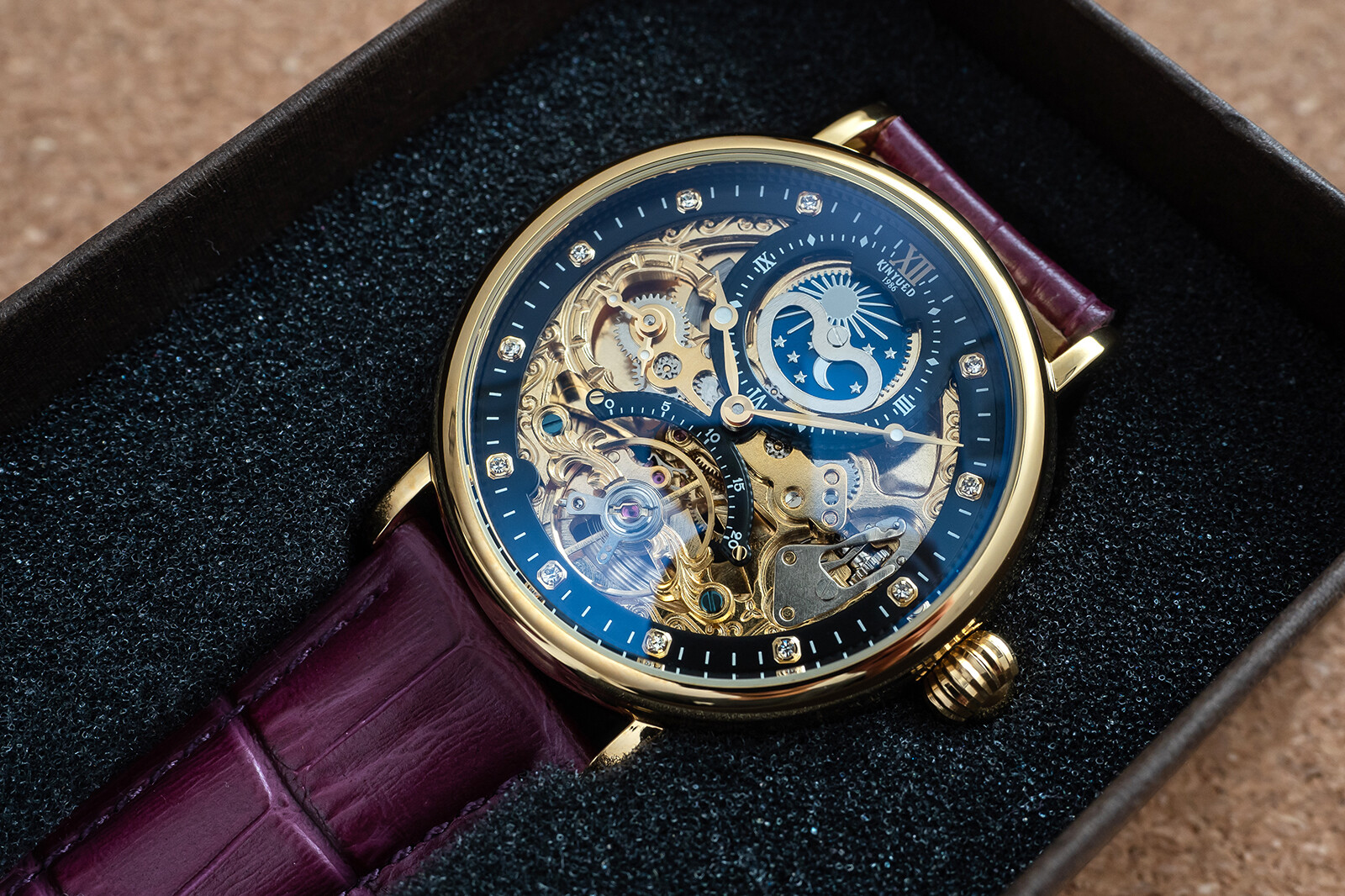 Mens Gold Dual Time Flywheel Automatic Mechanical Watch Black Purple Leather